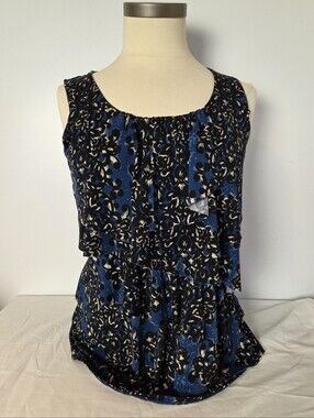 Denver Hayes Blue Floral Ruffle Sleeveless Blouse Top Size Small Office